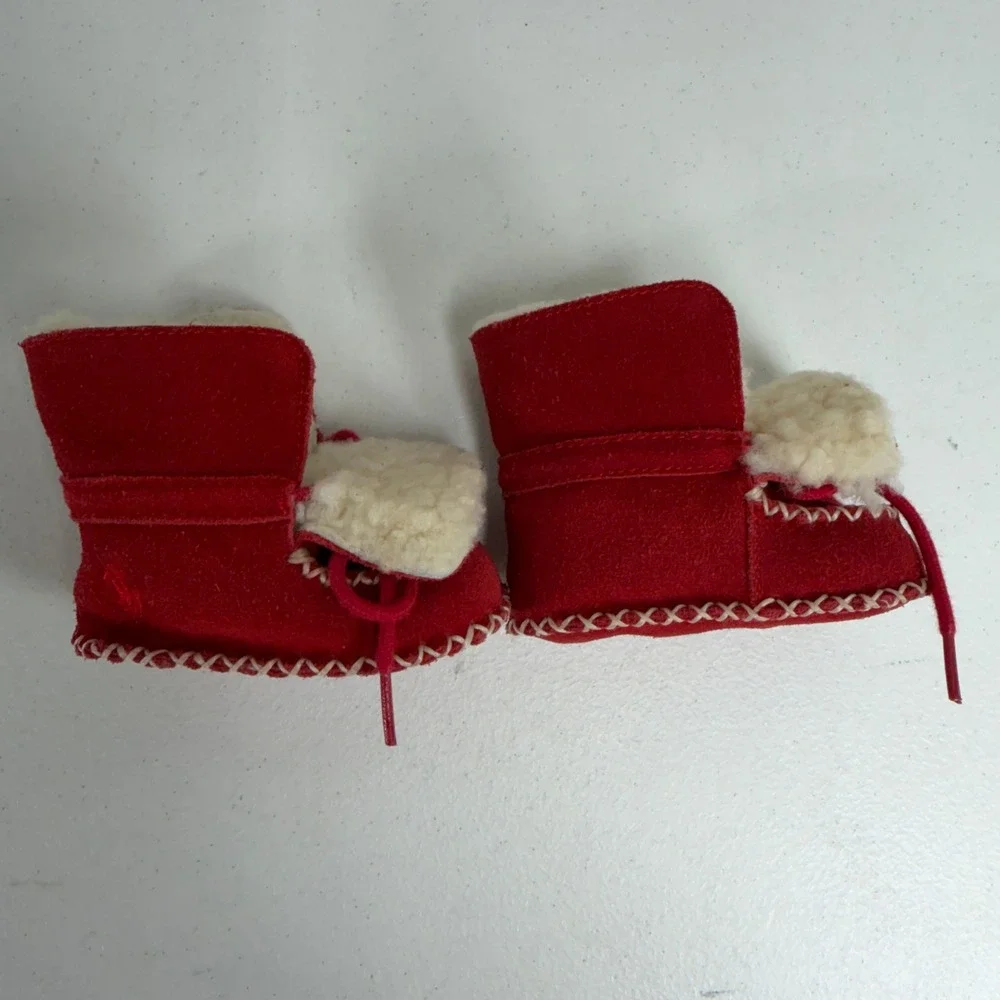 Ralph Lauren Infant Red Suede Shearling Moccasin Booties Pony Logo Soft Sole
